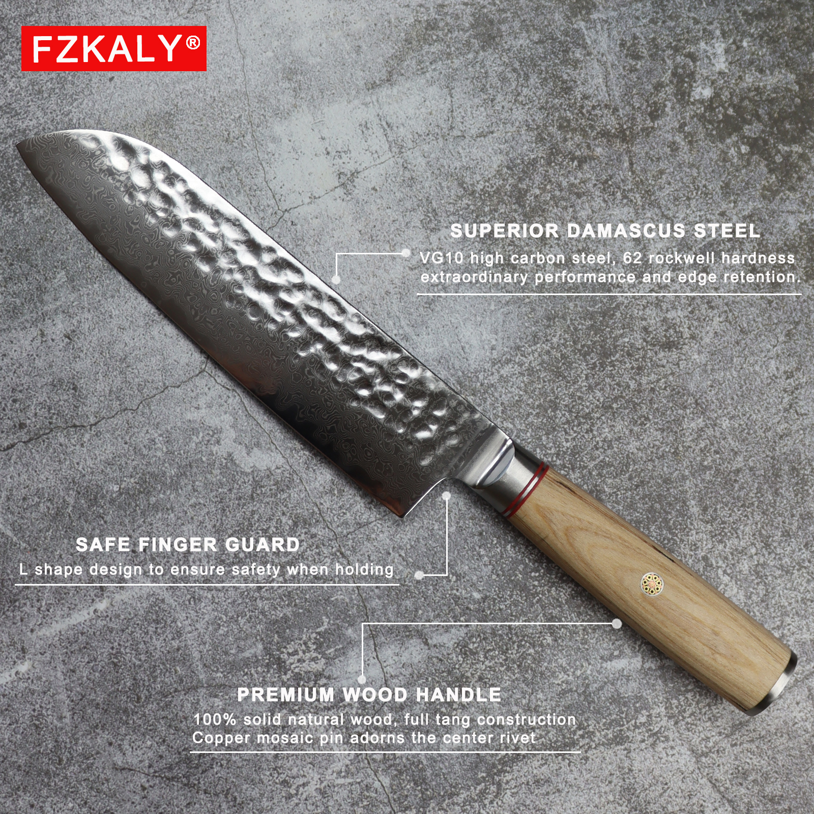 Fzkaly Santoku Damascus Knife 7"