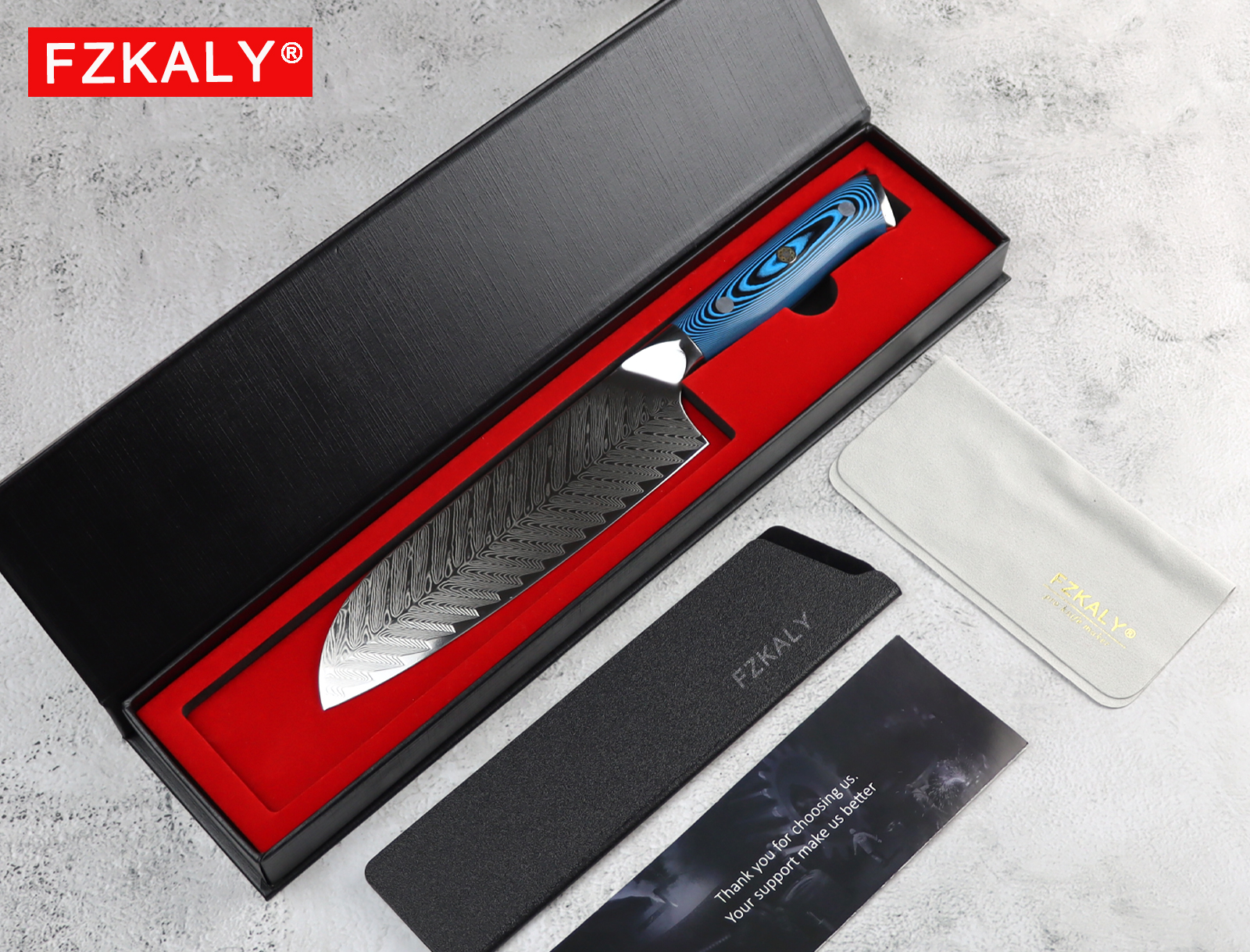 Fzkaly 7 inch Damascus Santoku Knife Package