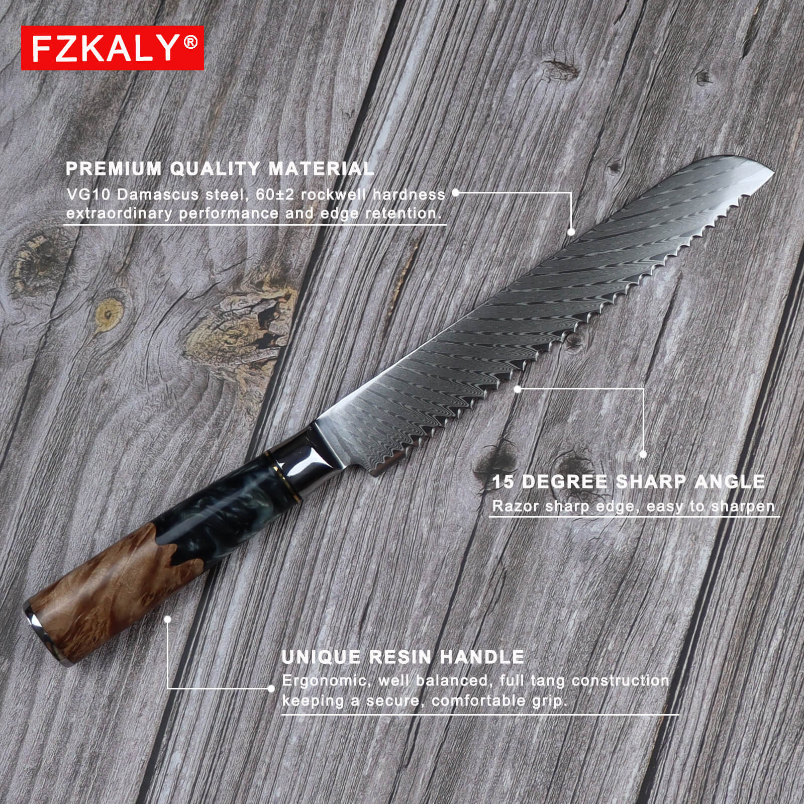 Fzkaly Damascus Bread Knife 8", 15 Degree Sharp Angle
