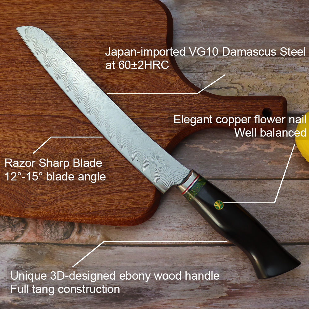 Japanese Damascus Bread Knife and Razor Sharp Blade