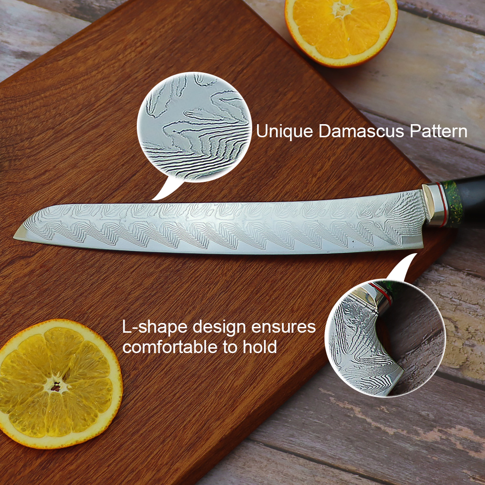 Japanese Damascus Bread Knife 8" and Unique Pattern