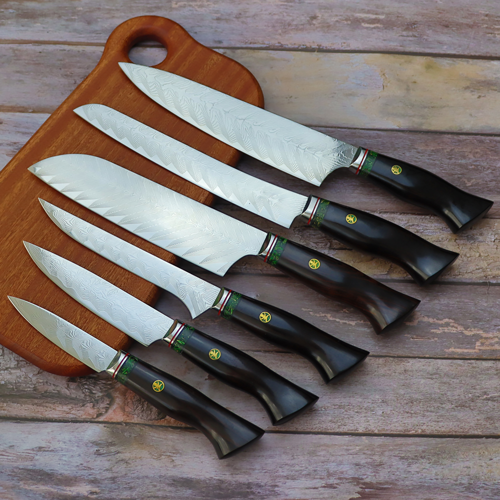 Complete 8-piece Kitchen Knife Set With Damascus Pattern Japanese Chef Knife  Set With Smooth Wooden Handles Ultra Sharp for Fast Cutting 