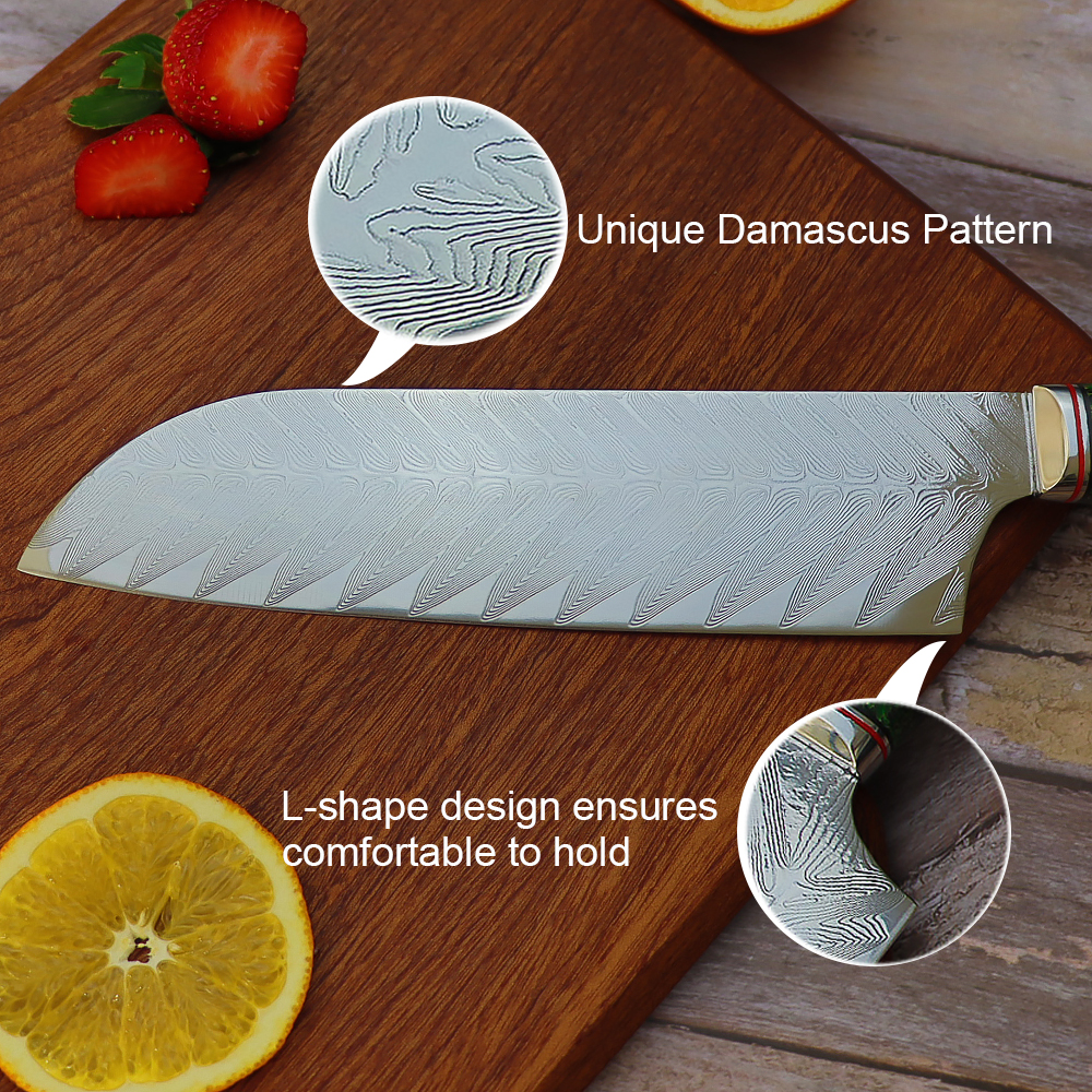 Japanese Damascus Santoku Knife 7" With Unique Damascus Pattern