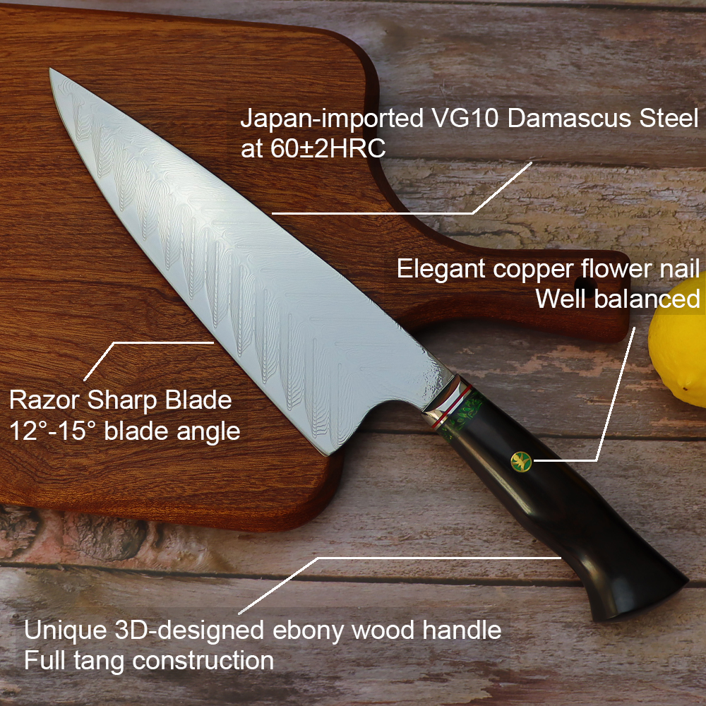 8'' Damascus Steel Super Sharp Kitchen Chef's Knife with Full Tang G10  Handle