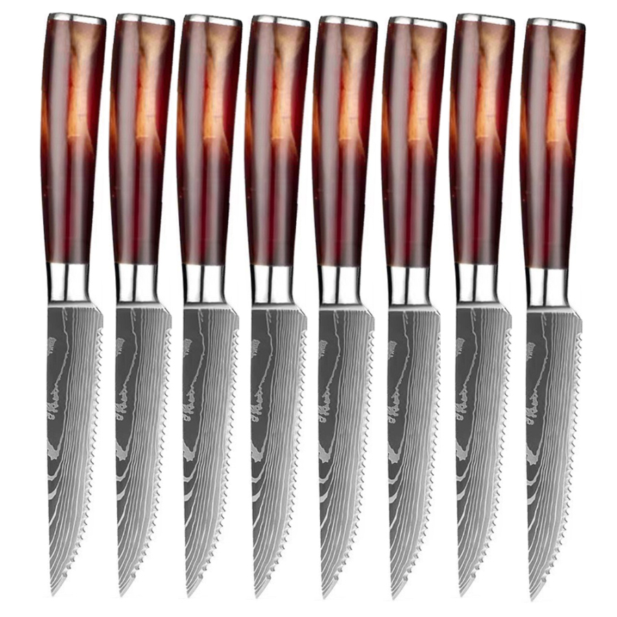 8 Piece Stainless Steel Steak Knife Set Red Resin Handle