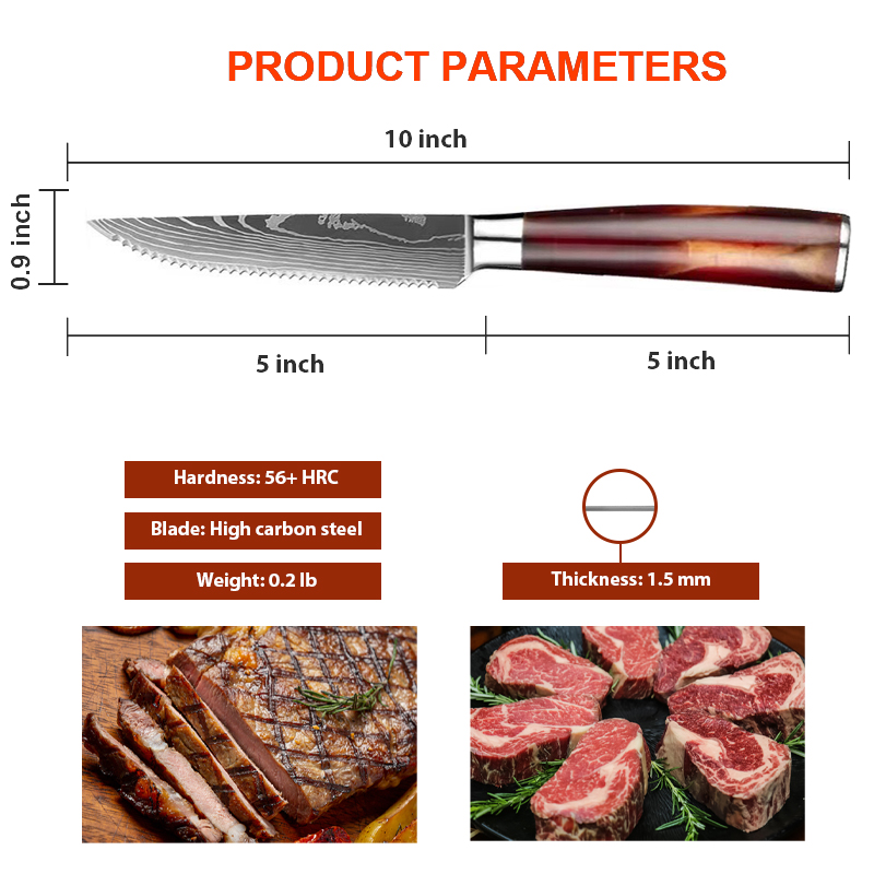 6 Piece Stainless Steel Steak Knife Set - Red Resin Handle