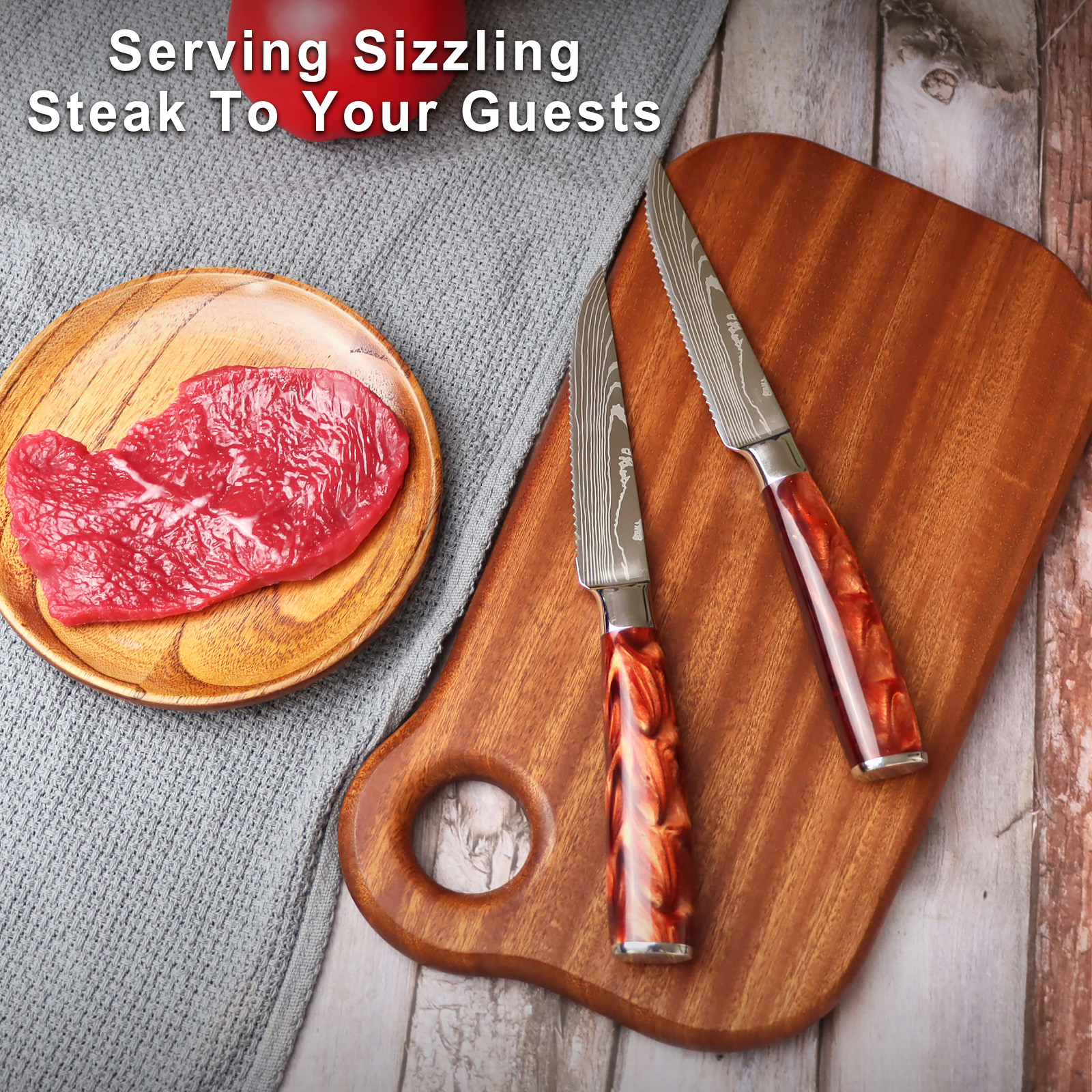 8 Piece Stainless Steel Steak Knife Set - Red Resin Handle