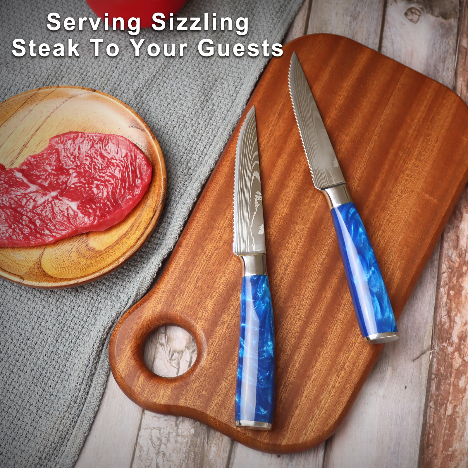 8 Piece Steak Knife Set - Blue Resin Handle