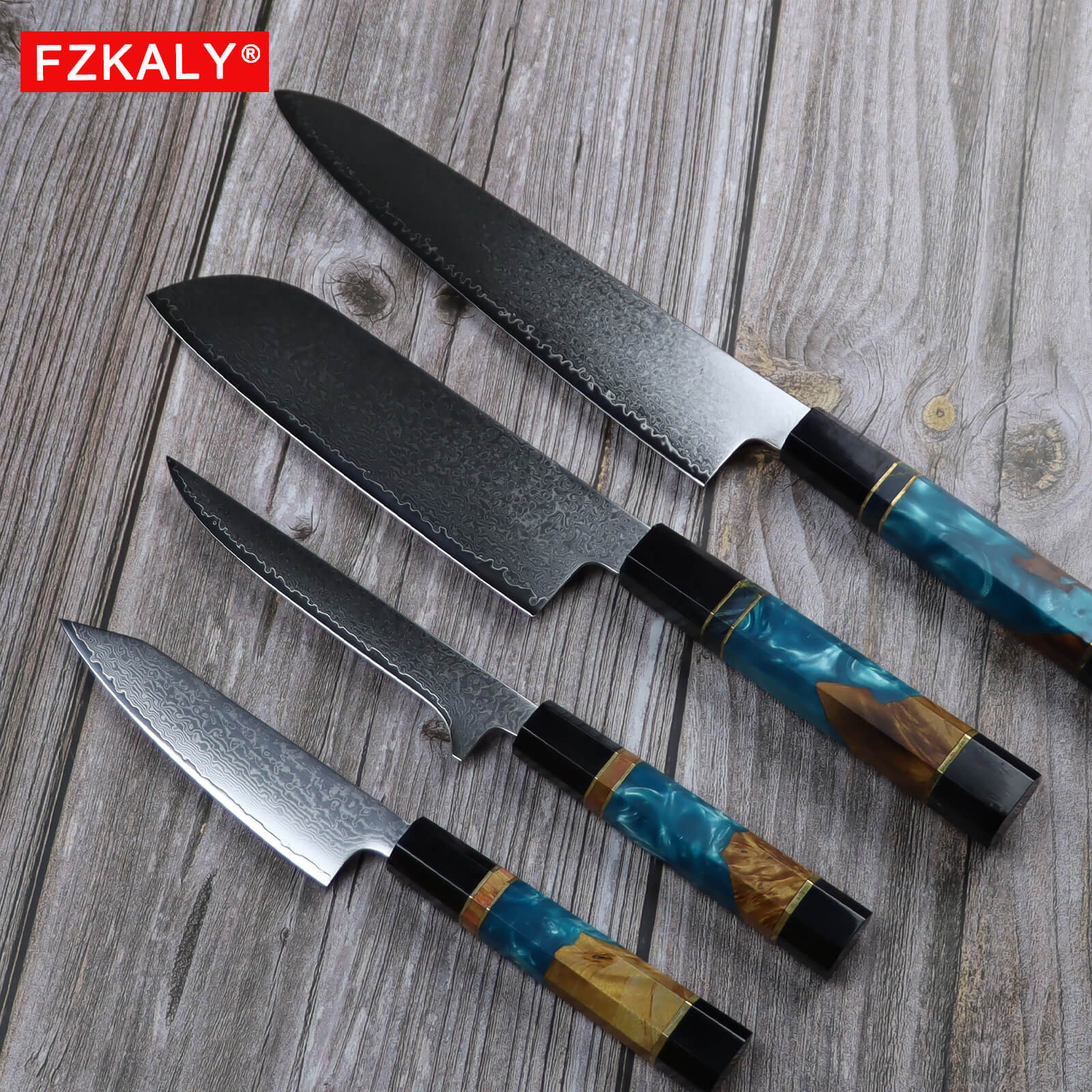 Fzkaly Damascus Kitchen Knife Set, 4 Piece Japanese Knife Set