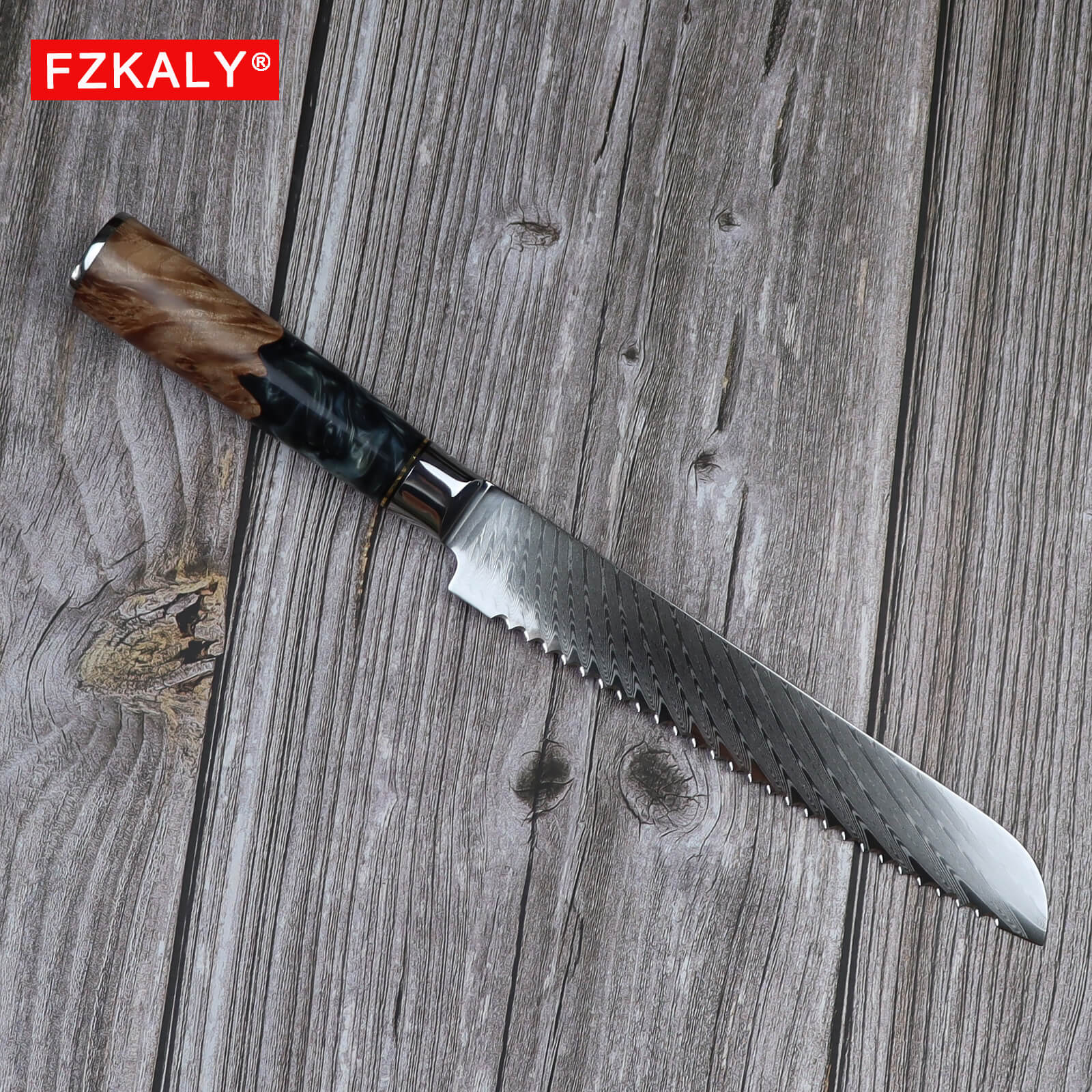 Fzkaly Damascus Bread Knife 8" With with VG-10 Core Steel