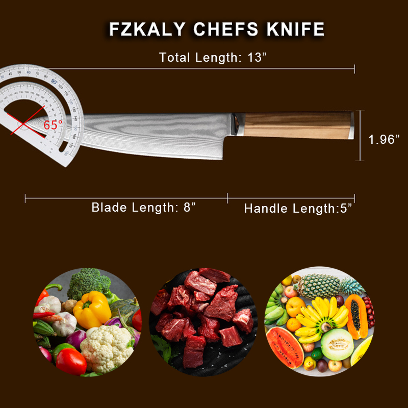 8" Japanese Damascus Chefs Knife dimension