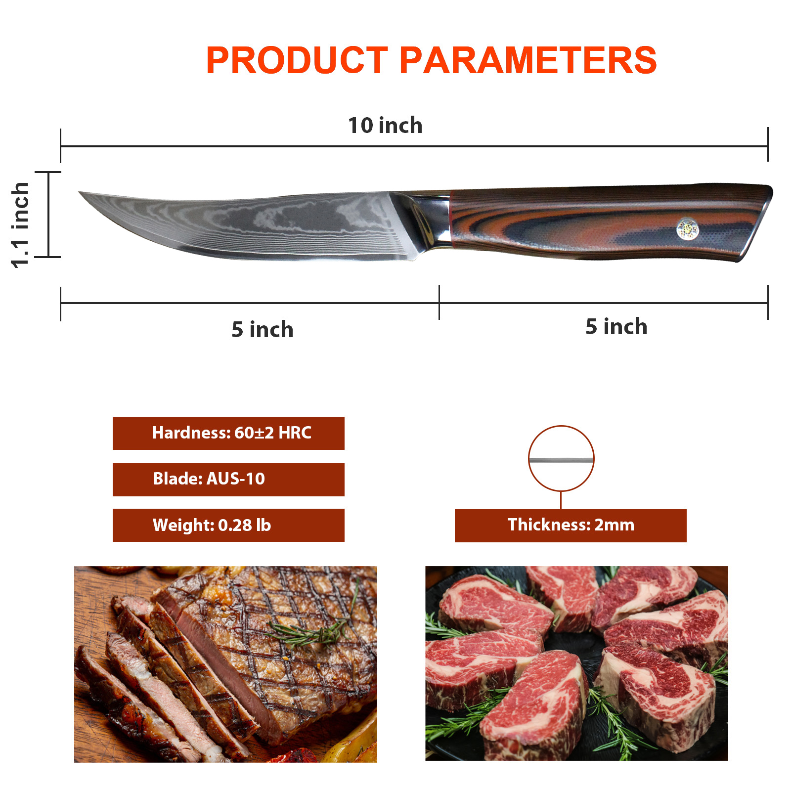 5" Damascus Steak Knife Dimension