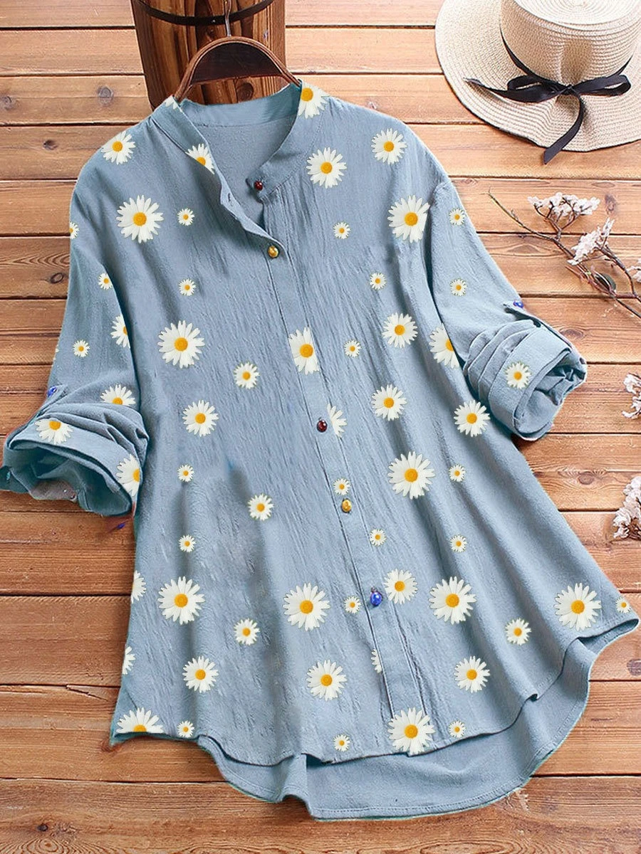 Womens  Linen Shirt With Daisy Print Collar And Coloured Buttons