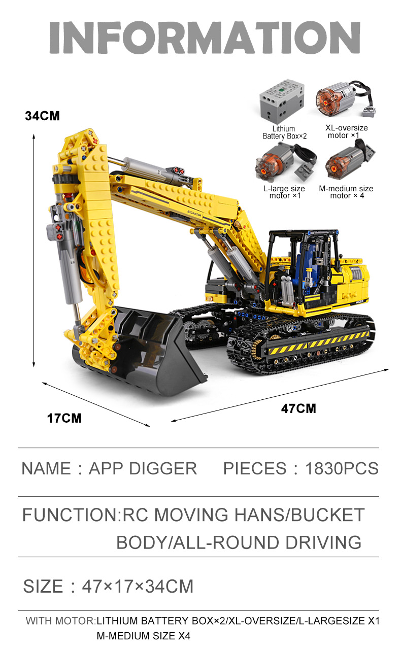 MOULD KING 13112 Motorized High-Tech Excavator truck 250X3-PF Truck Remote Building Blocks