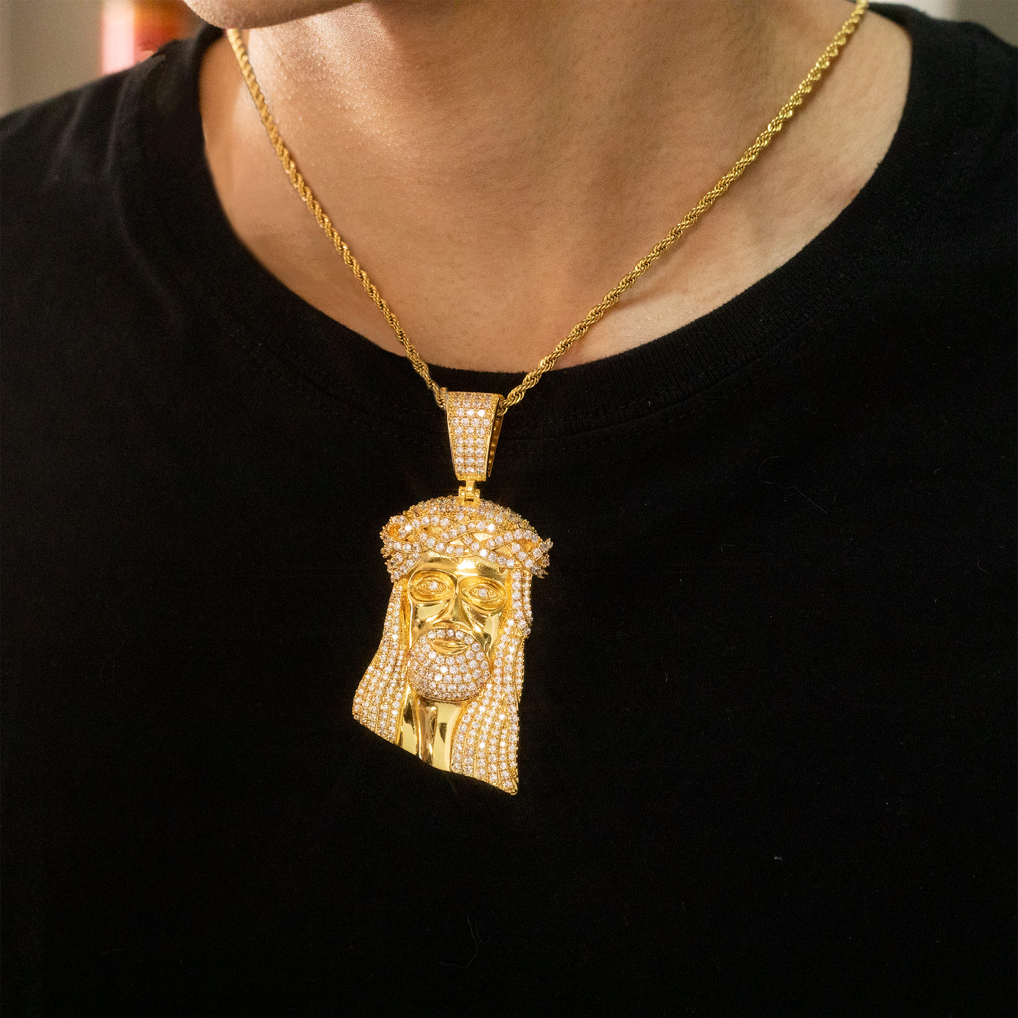 lced Out Golden Silver Saint Statue Necklace Pendant Set Sulludd