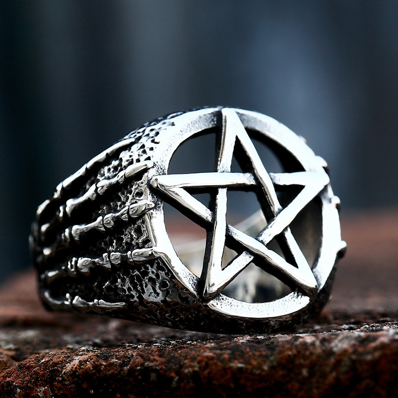 Nordic hand bone pentagram ring