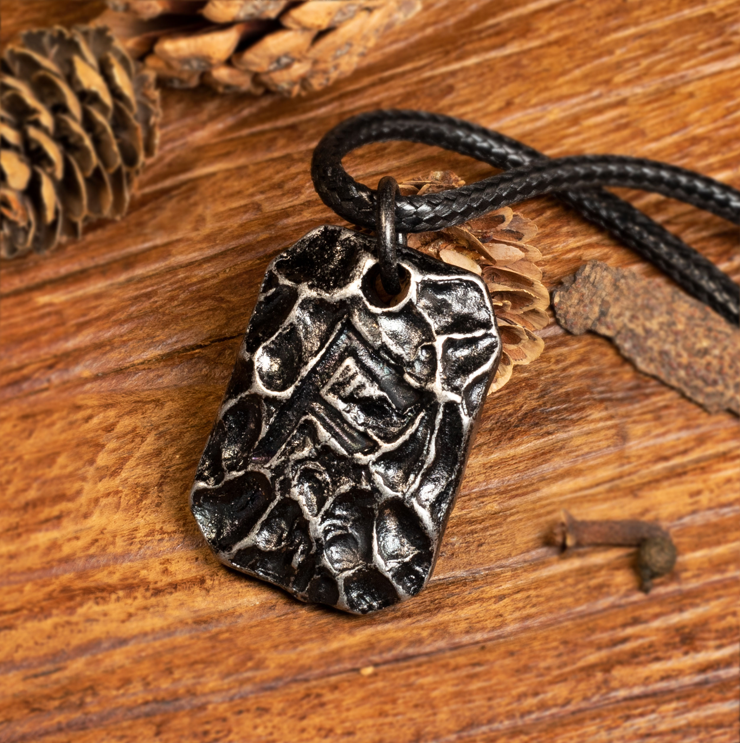Hand-forged Viking Rune Rectangular Pendant Necklace Set Stainless Steel 
