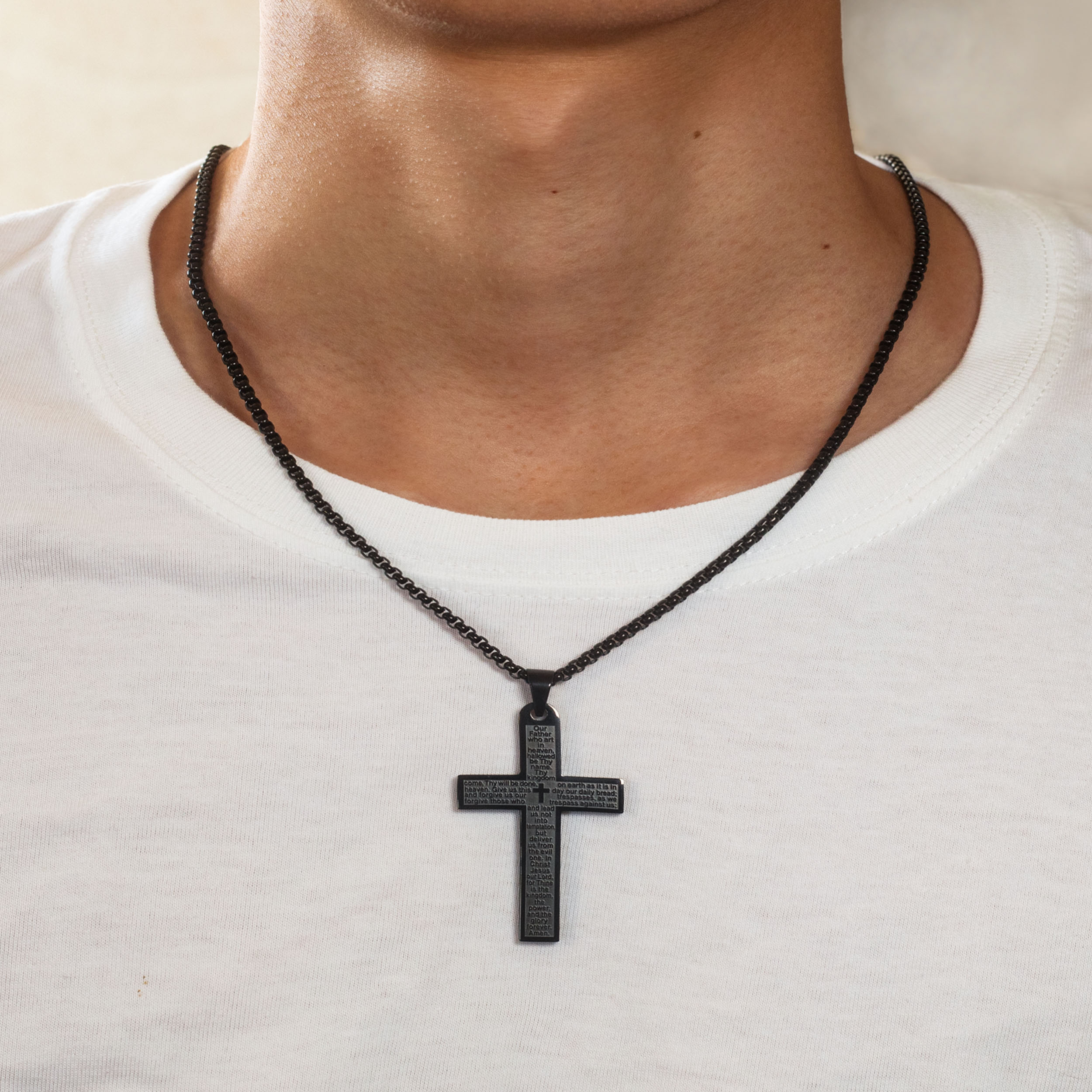 Men's Black Scripture Lord's Prayer Cross Stainless Steel Pendant Set Sulludd