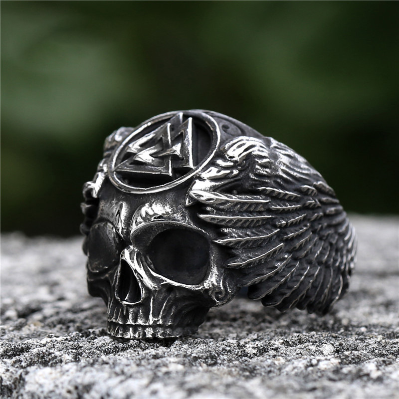 Viking Nordic Raven Wing Skull Valknut Symbol Ring Sulludd