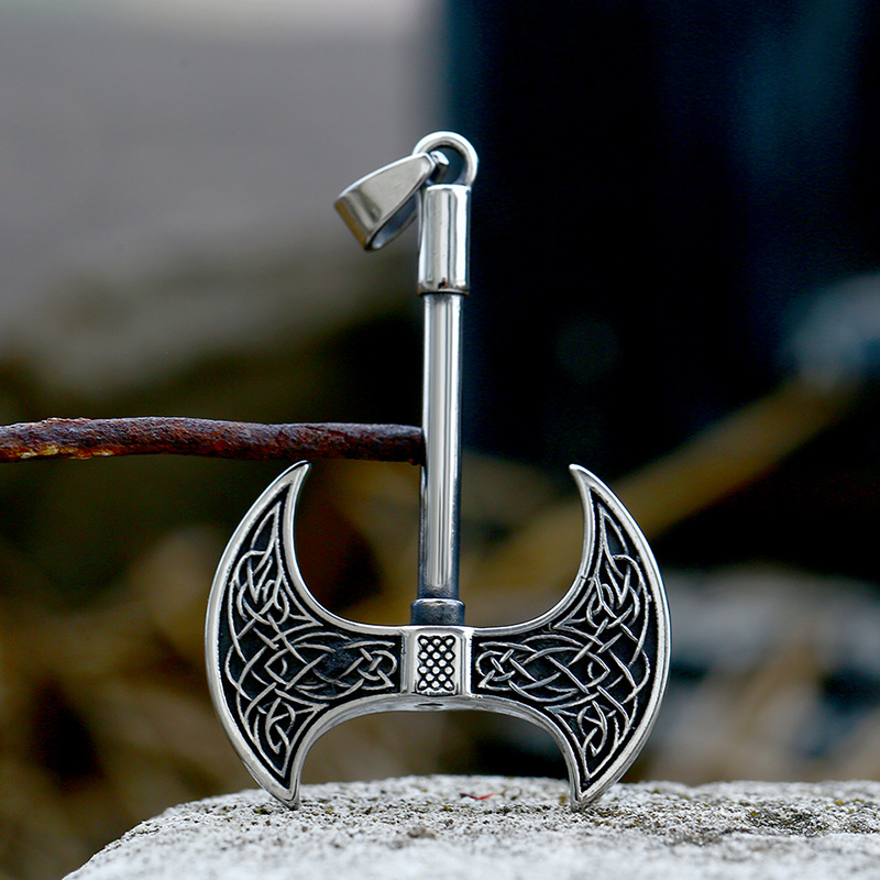 Viking Nordic Celtic Knot Double Sided Axe Pendant Necklace Set Sulludd