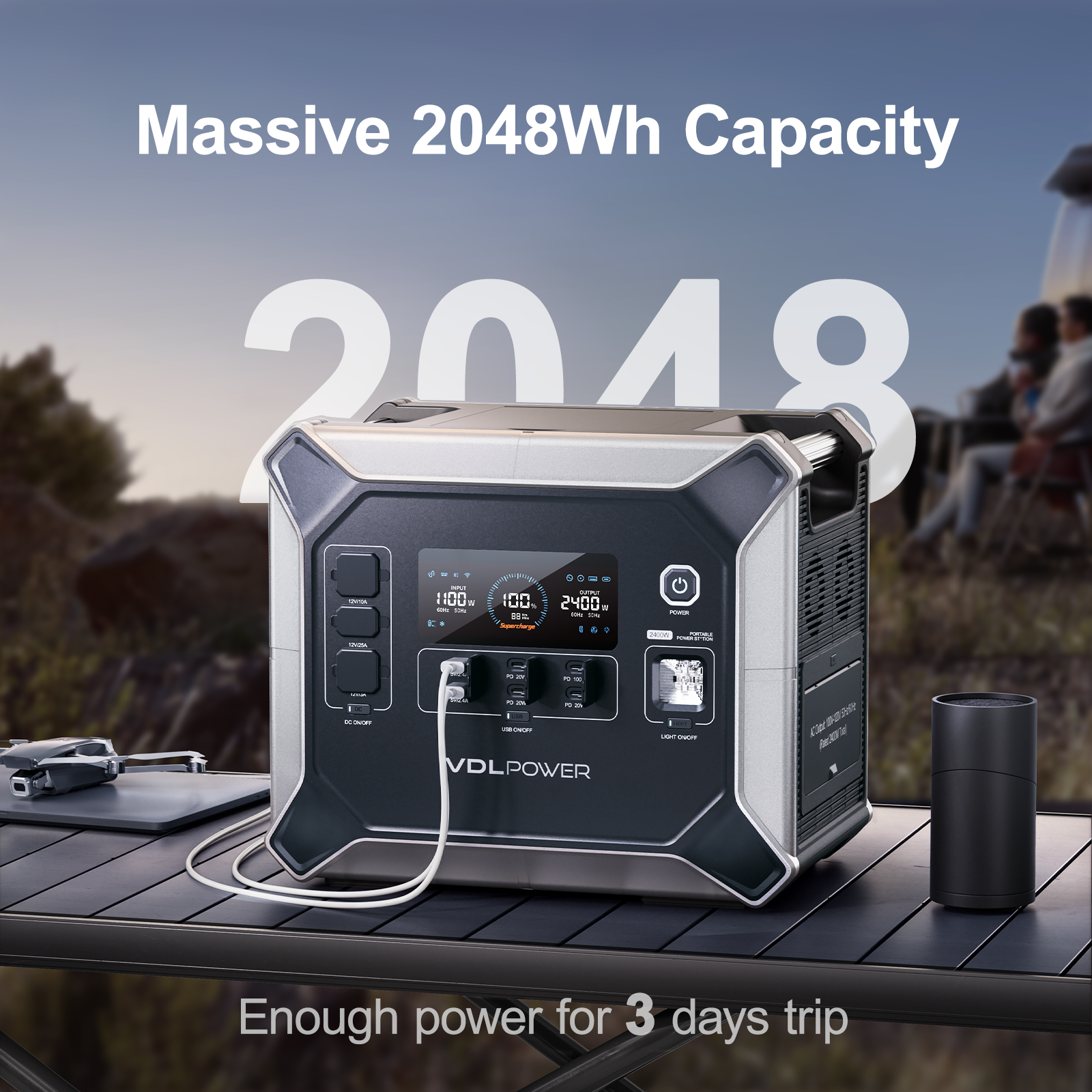 VDLPOWER HS2400 Portable Power Station 2048Wh/2400W LiFePO4 Battery for Home Backup