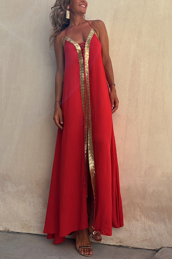 Del Mar Sequin Trim Lace-up Halter Elastic Back Maxi Dress