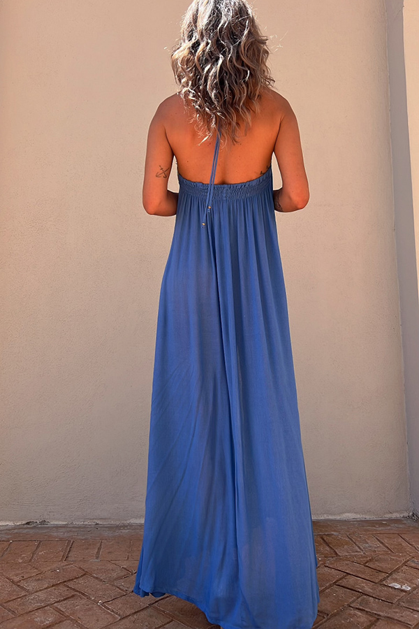 Del Mar Sequin Trim Lace-up Halter Elastic Back Maxi Dress