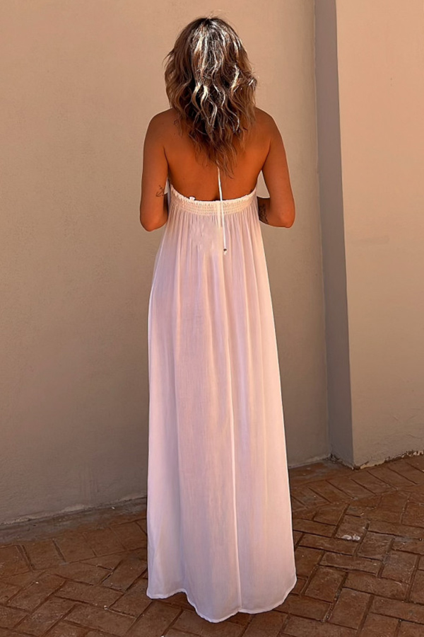 Del Mar Sequin Trim Lace-up Halter Elastic Back Maxi Dress