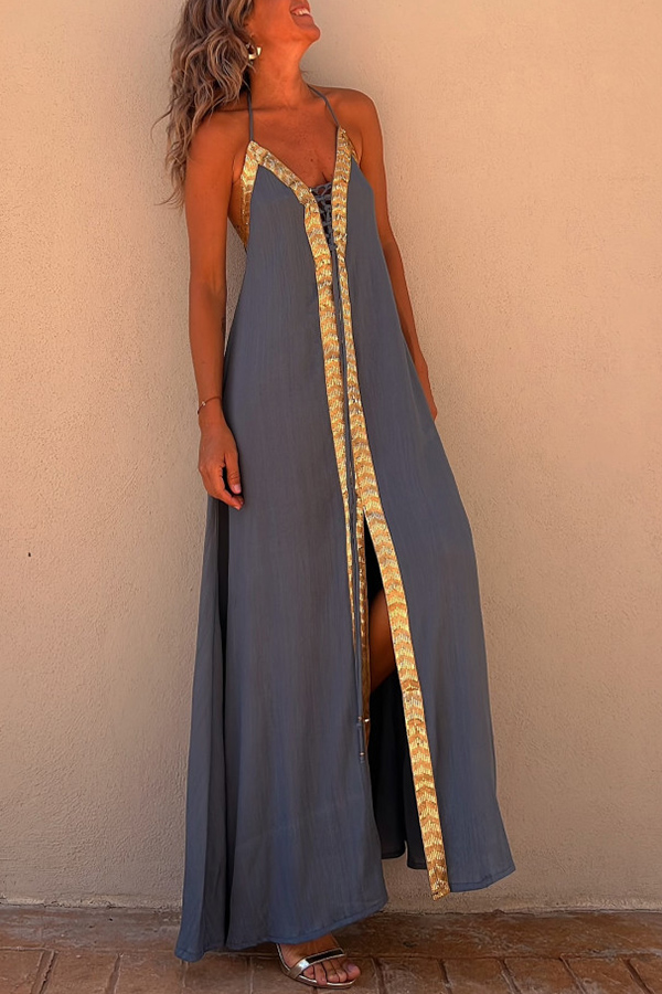 Del Mar Sequin Trim Lace-up Halter Elastic Back Maxi Dress