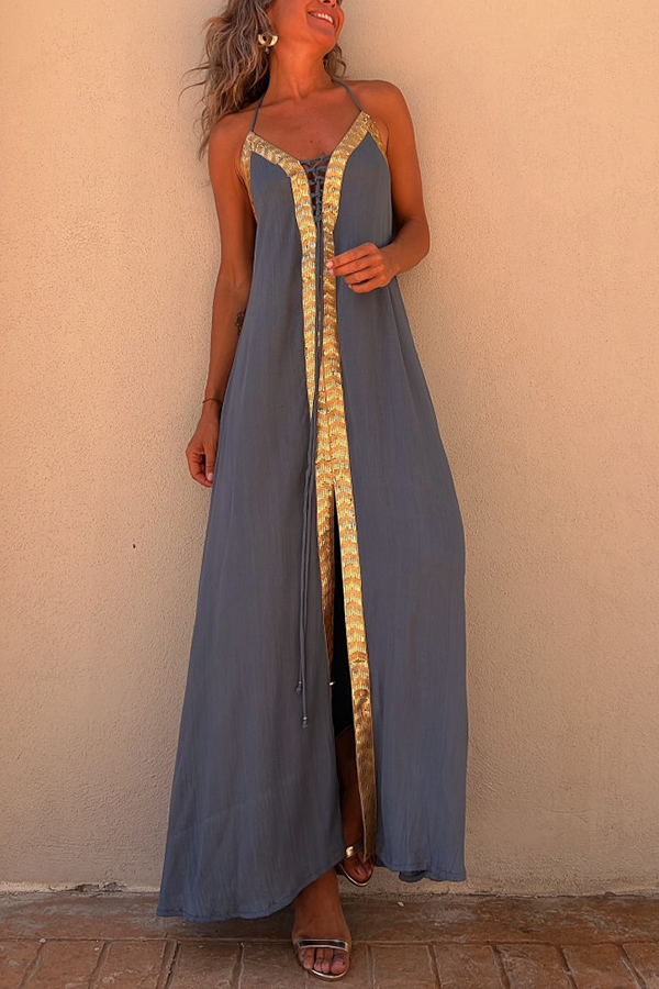 Del Mar Sequin Trim Lace-up Halter Elastic Back Maxi Dress