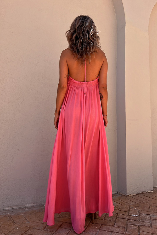Del Mar Sequin Trim Lace-up Halter Elastic Back Maxi Dress