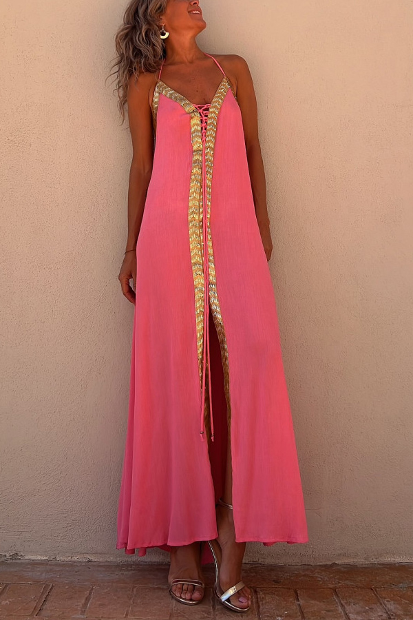 Del Mar Sequin Trim Lace-up Halter Elastic Back Maxi Dress