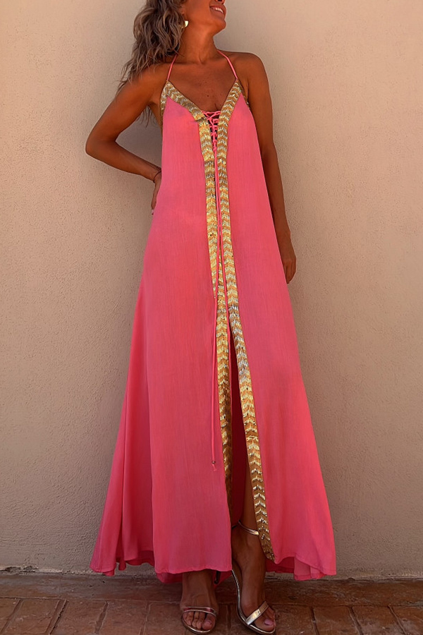 Del Mar Sequin Trim Lace-up Halter Elastic Back Maxi Dress