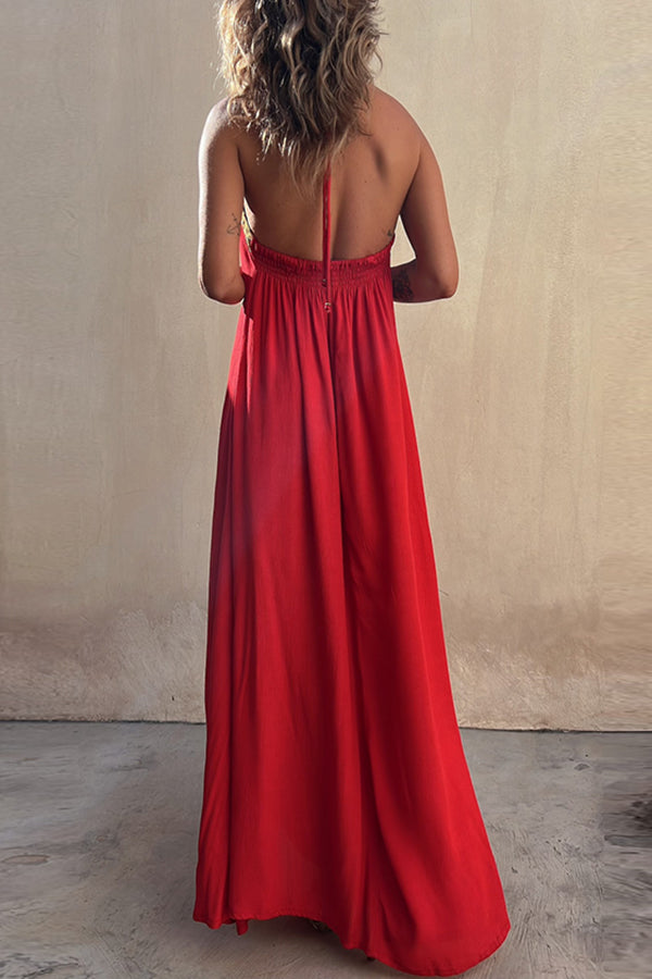 Del Mar Sequin Trim Lace-up Halter Elastic Back Maxi Dress