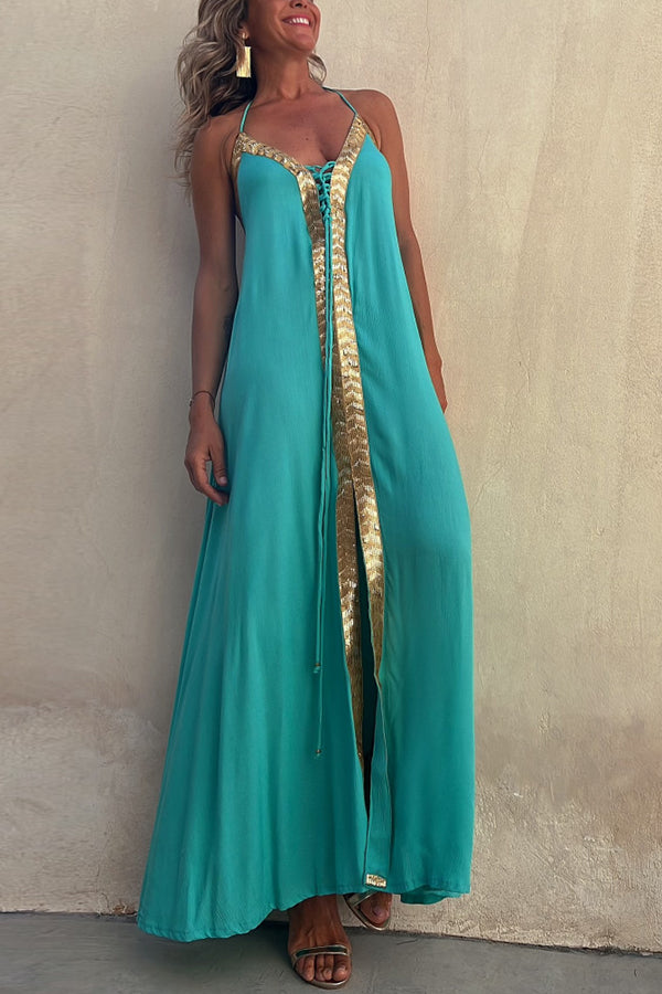 Del Mar Sequin Trim Lace-up Halter Elastic Back Maxi Dress