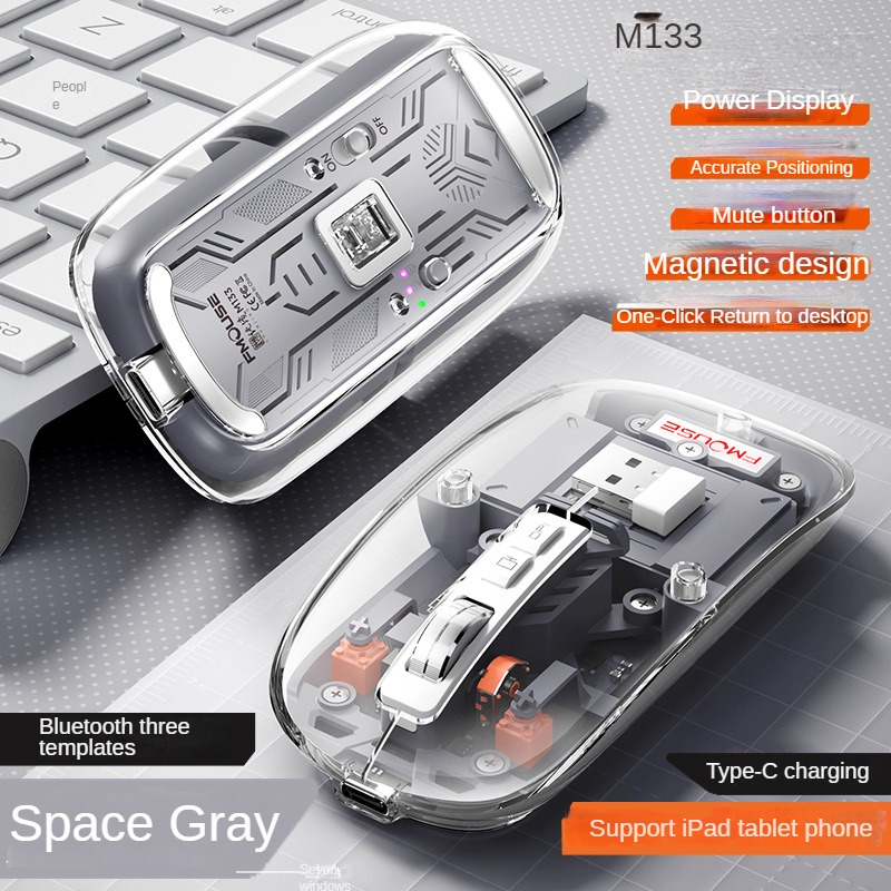 Wireless Rechargeable Bluetooth Mouse BT1 BT2 2.4G Hidden USB Receiver Transparent Clear Cool Shell 4 DPI Adjustable Mute Click, Mini Portable for Business Home&Office PC Win/Mac/Laptop