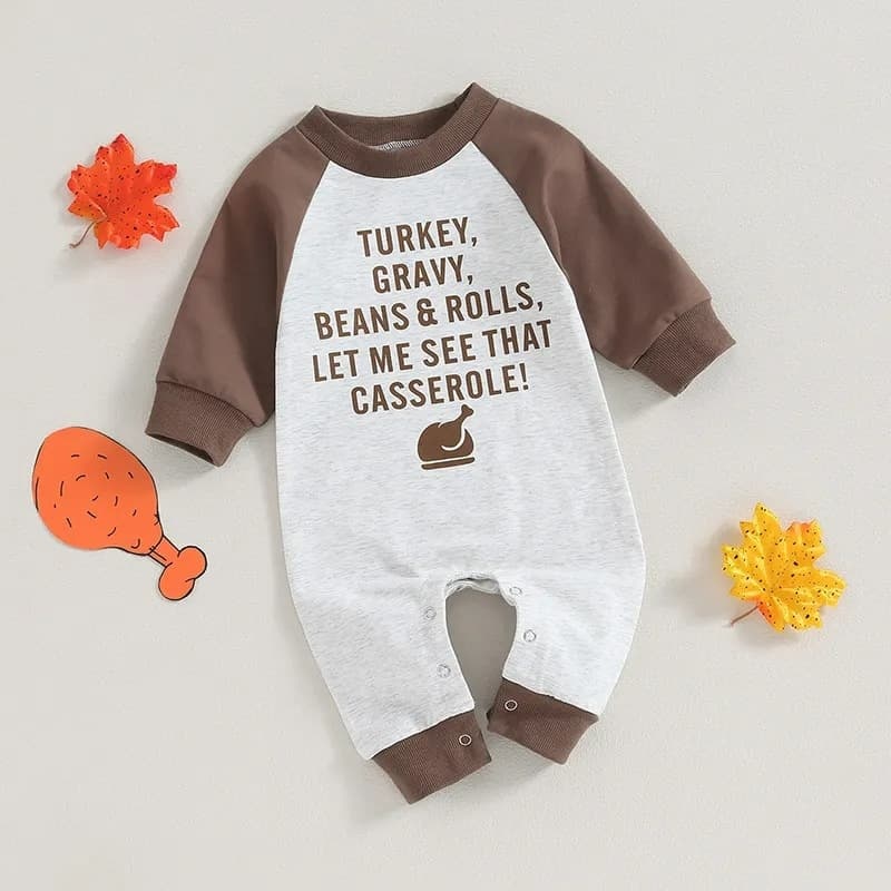 Newborn Turkey Gravy Beans& Rolls Let Me See That Casserole Jumpsuit