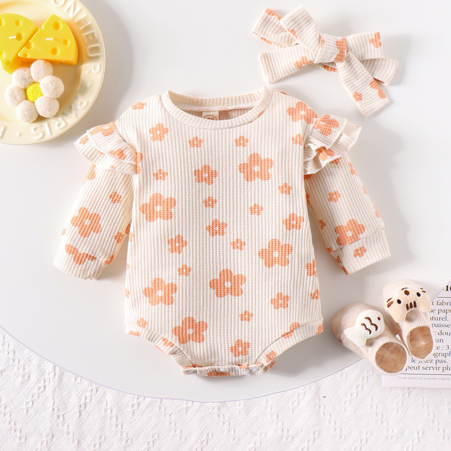 Baby Floral Waffle Romper With Headband