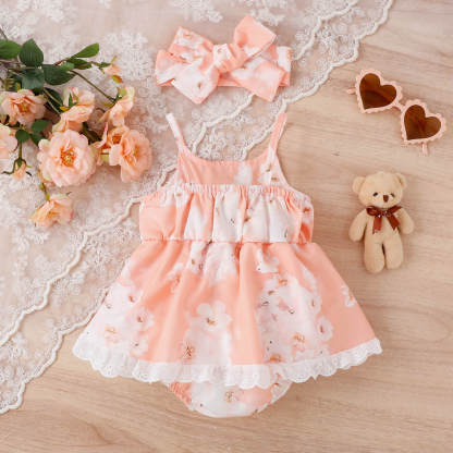 Baby Girl Sweet Floral Romper Dress with Headband
