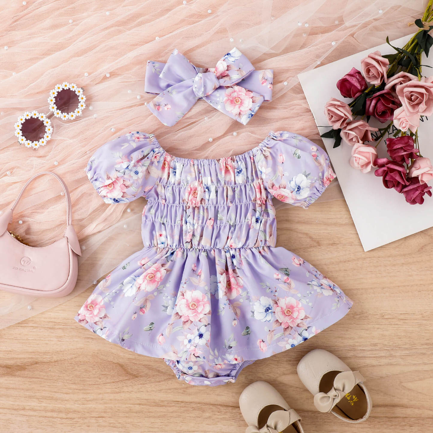 Sweet Baby Girl Floral Romper Dress with Headband
