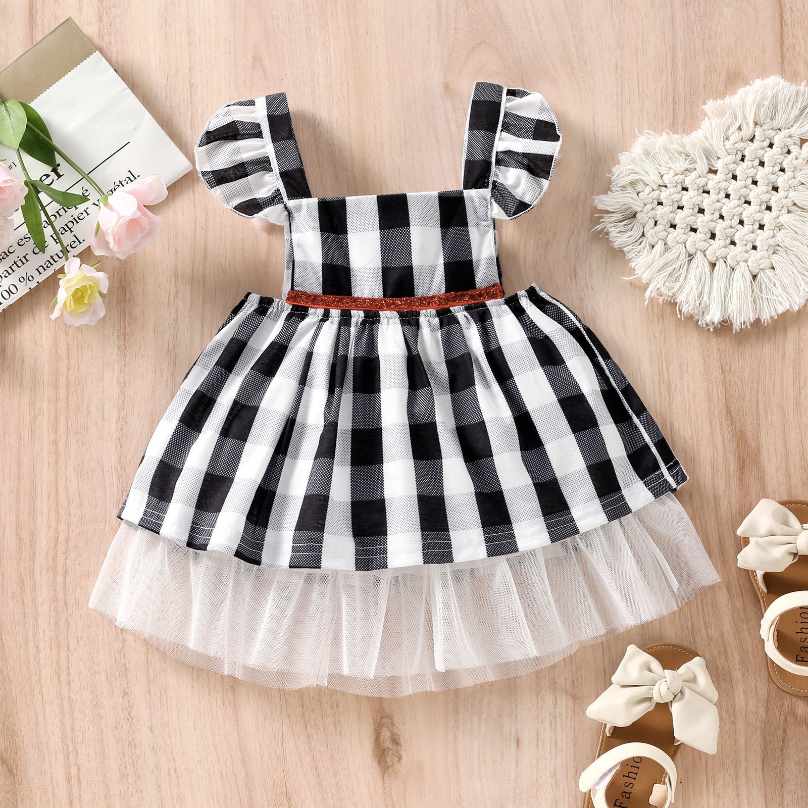 Toddler Girl Black Grid Dress