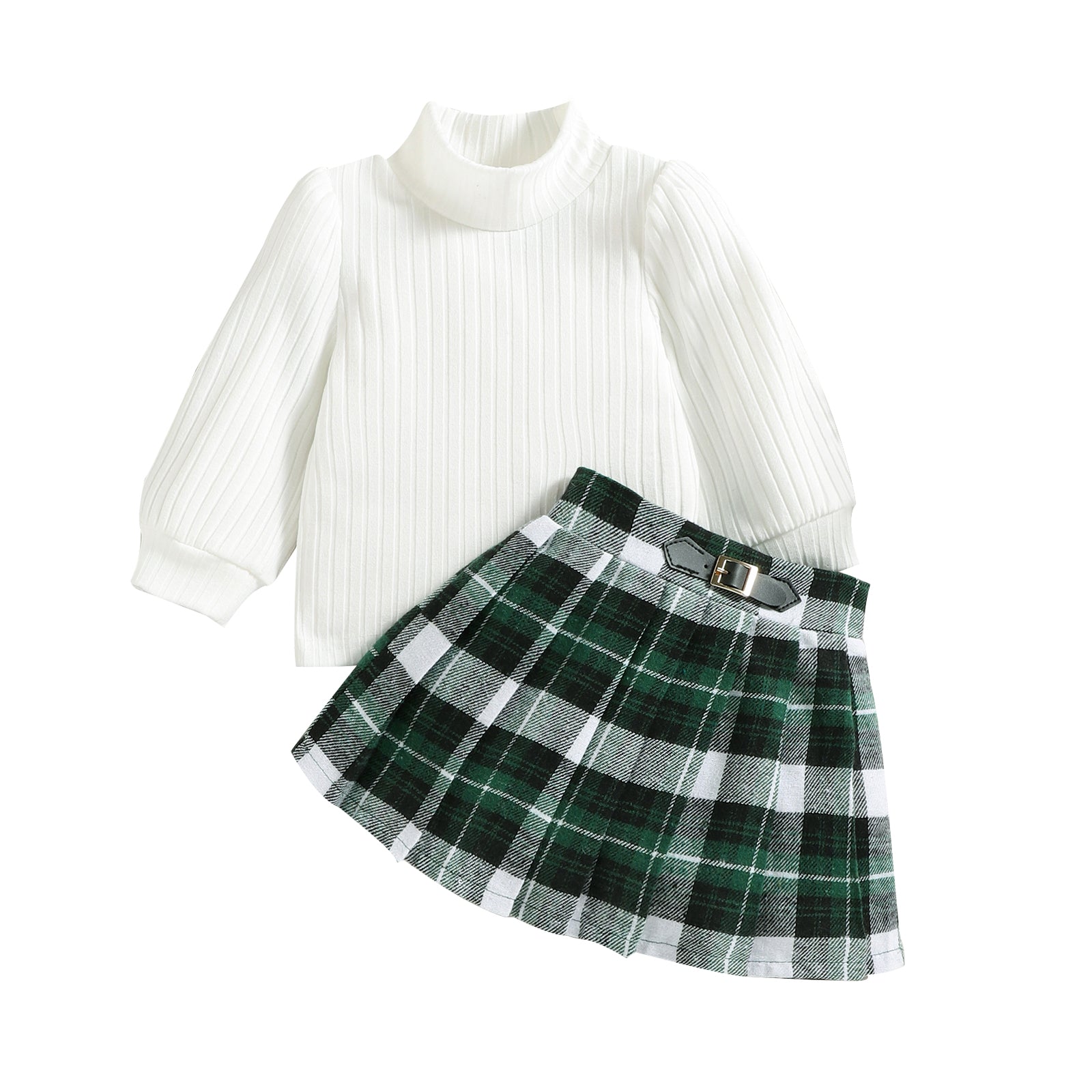 Baby White Long Sleeve + Plaid Skirt