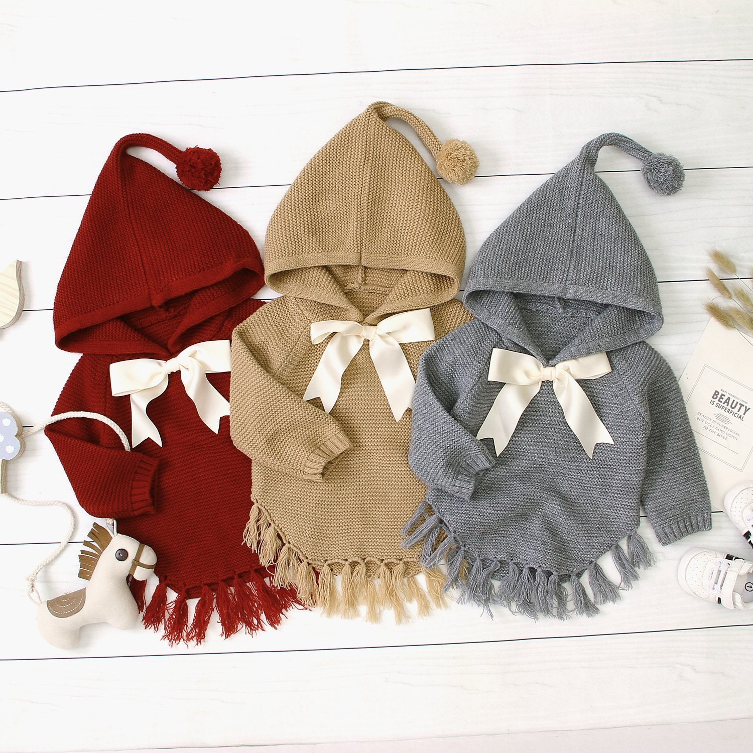Baby Hooded Bow Knit Sweater.