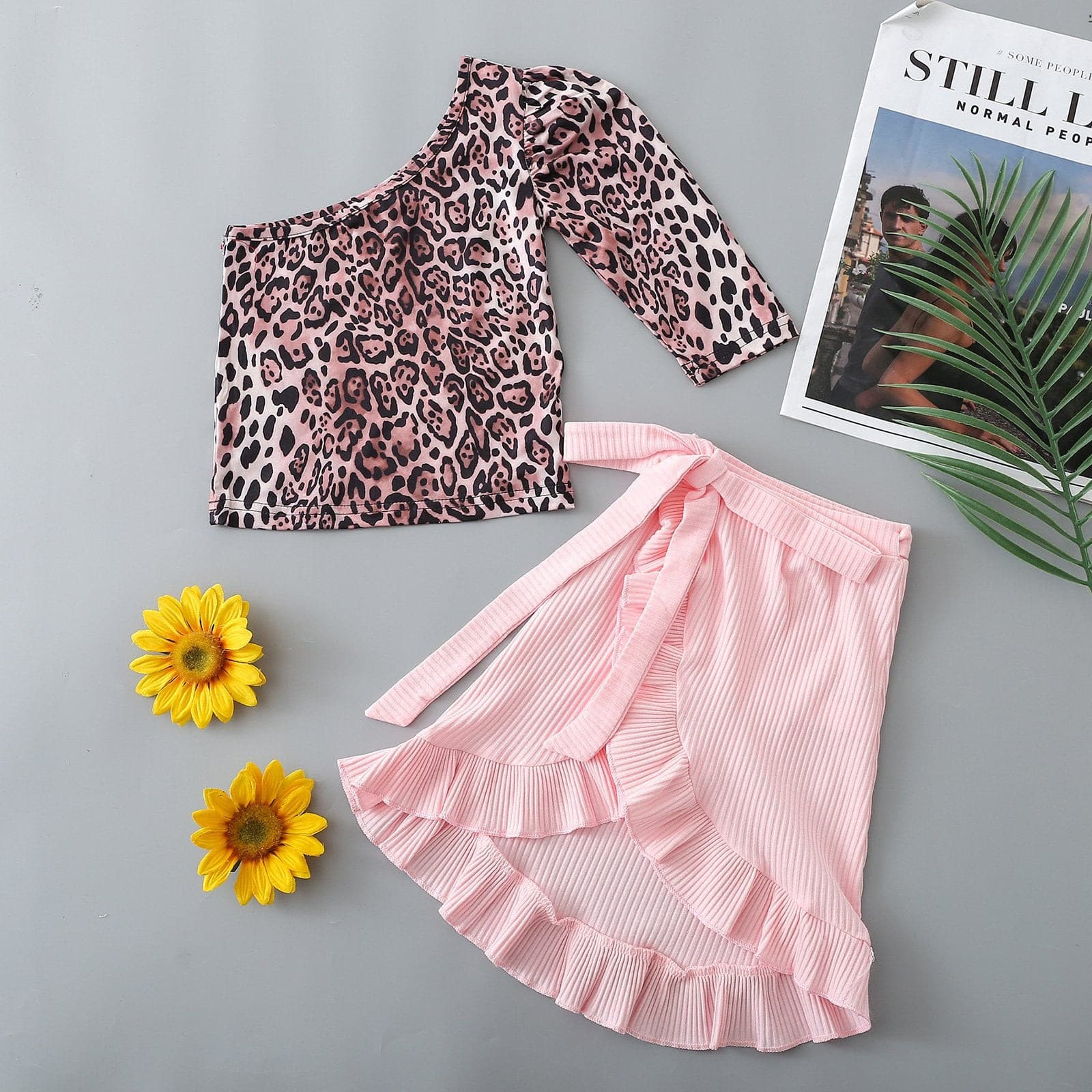 2-piece Baby Leopard Print One Shoulder Sets.