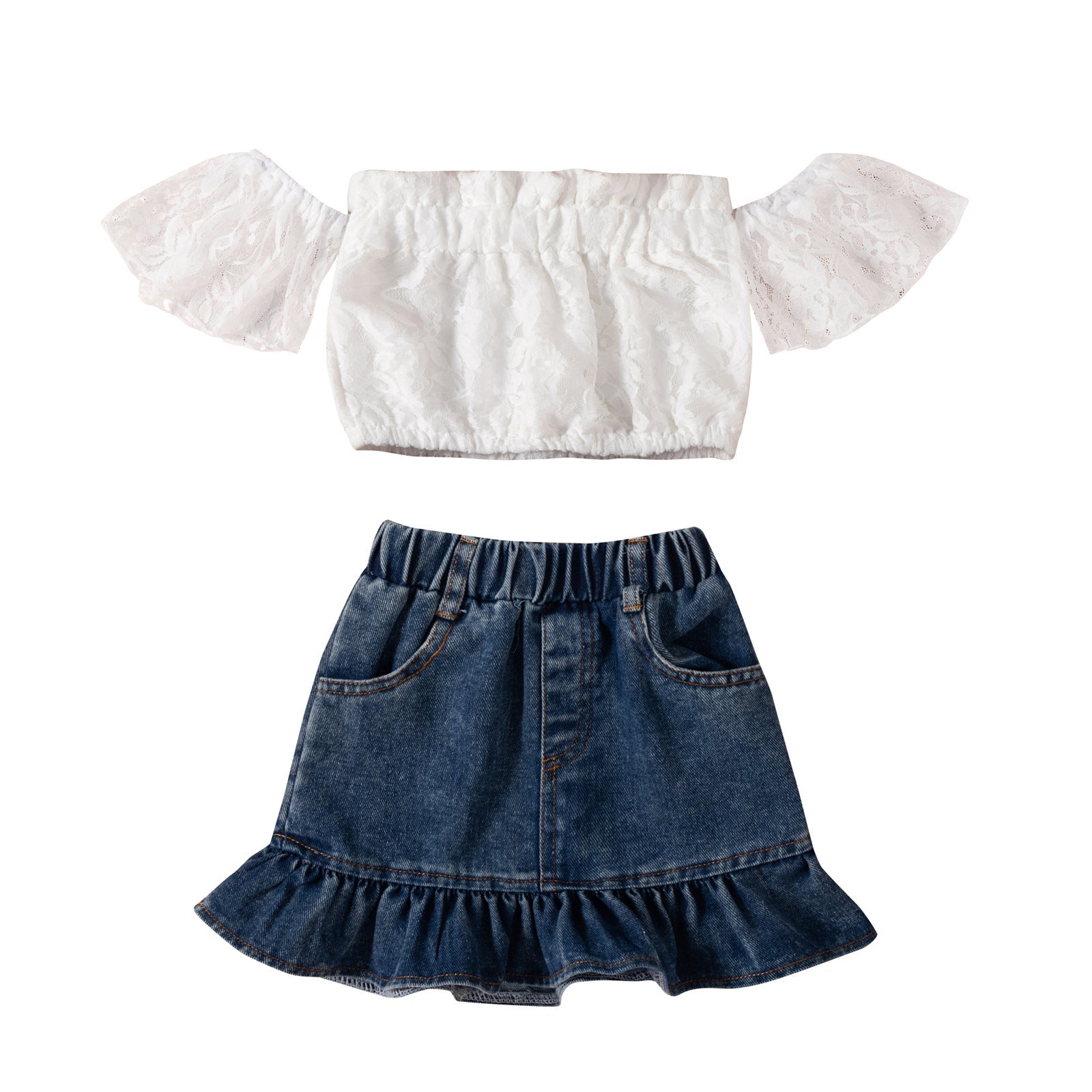 Lace Strapless Top Denim Skirt-visikids