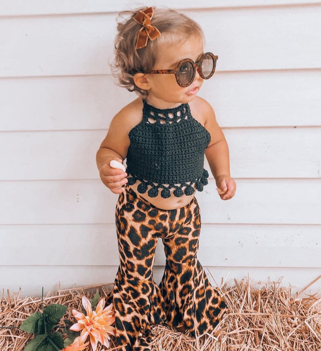 Baby Girl Solid Black Top + Leopard Botton-visikids
