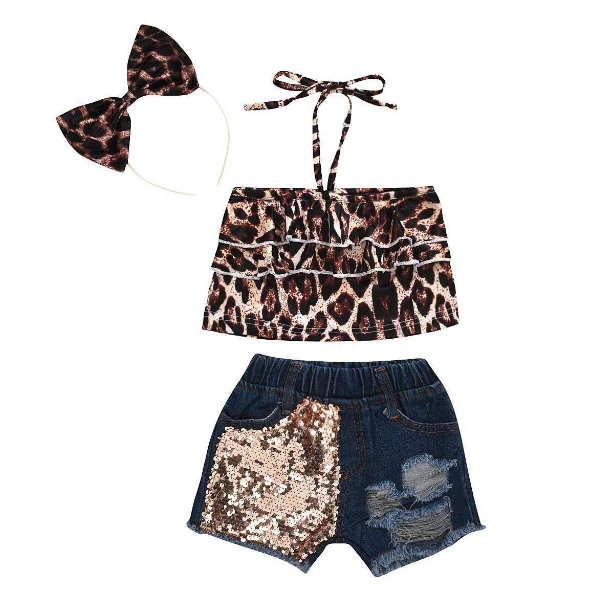 3-Piece Leopard Top + Sequined Denim Shorts.