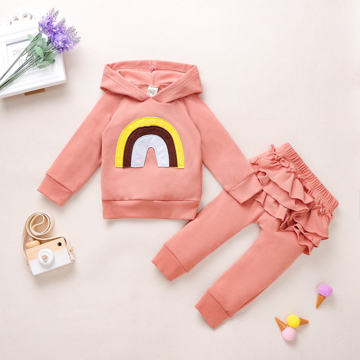 2-Pieces Baby Girl Rainbow Hooded Set.