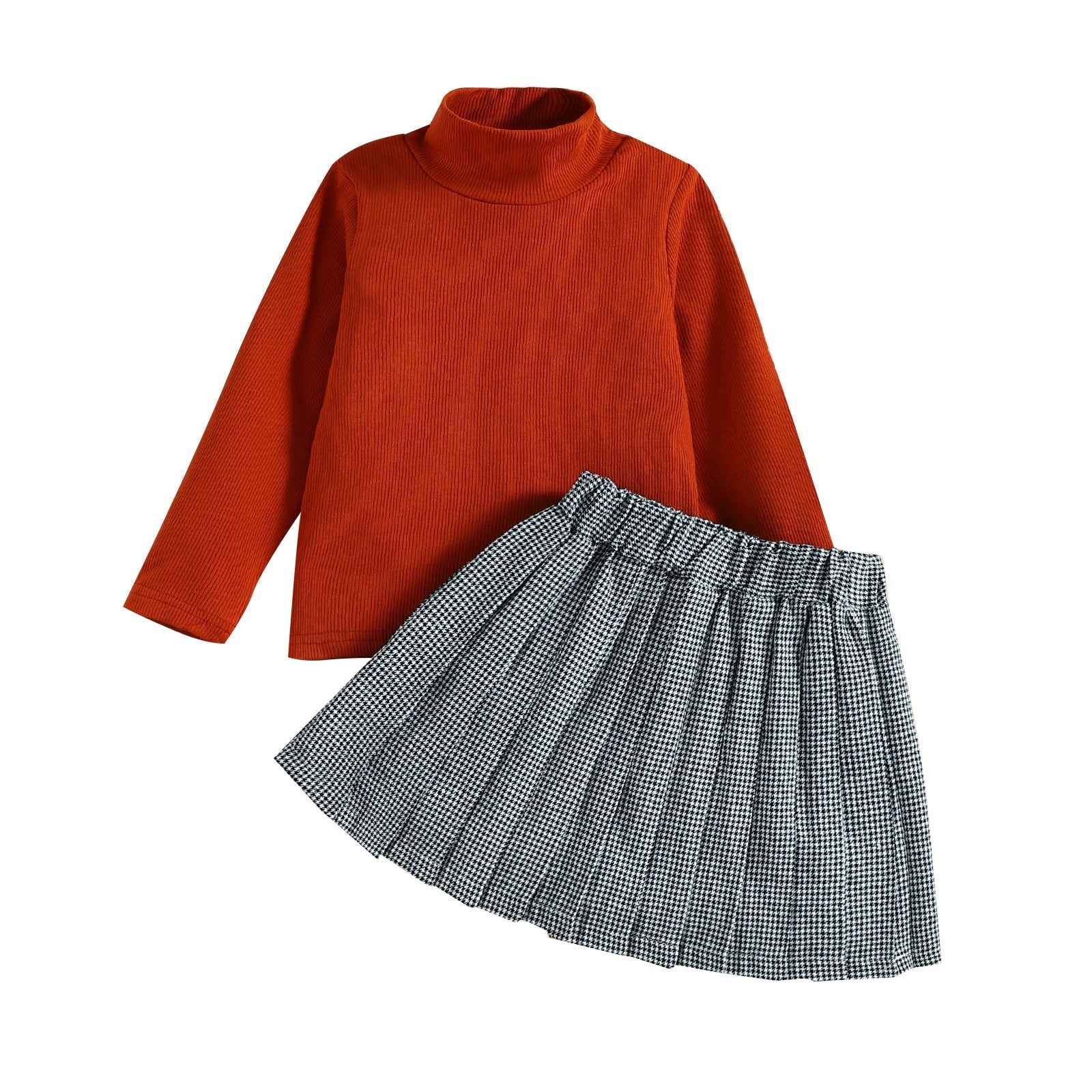 Baby Orange High Collar Top + Plaid Skirt.