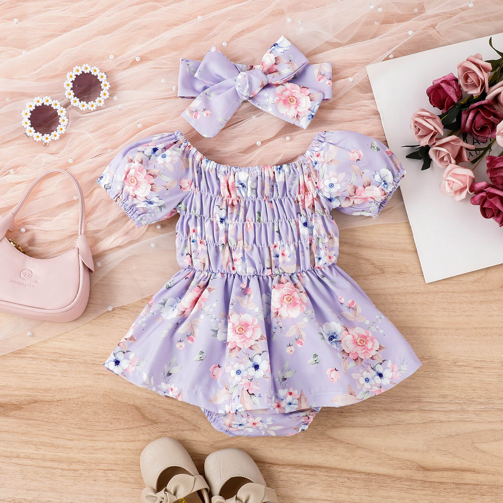 Baby Girl Sweet Floral Romper Dress with Headband-visikids